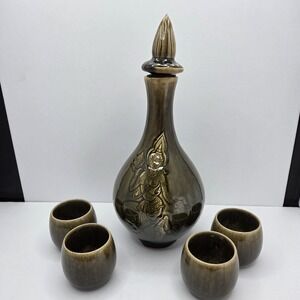 Vintage Studio Pottery Decanter Set Brown Drip Glaze w/ 4 Cups Signed